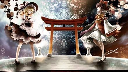 Two anime characters, Reimu Hakurei and Marisa Kirisame, stand on a mystical platform with a traditional Torii gate, set against a vibrant, detailed background.