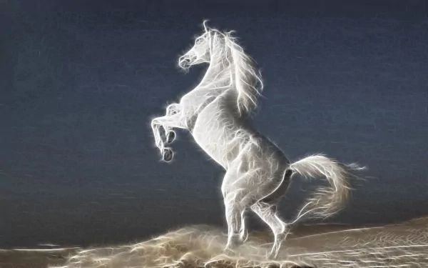 A high-definition desktop wallpaper featuring a stunning fractal design of a majestic white stallion rearing against a dark background.