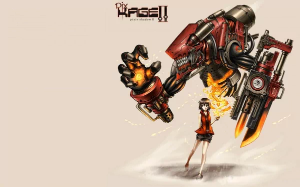 HD PC desktop wallpaper from Pixiv Fantasia II featuring an anime-style character with a large, fiery red robot arm, rendered in a detailed pixiv shadow art style.