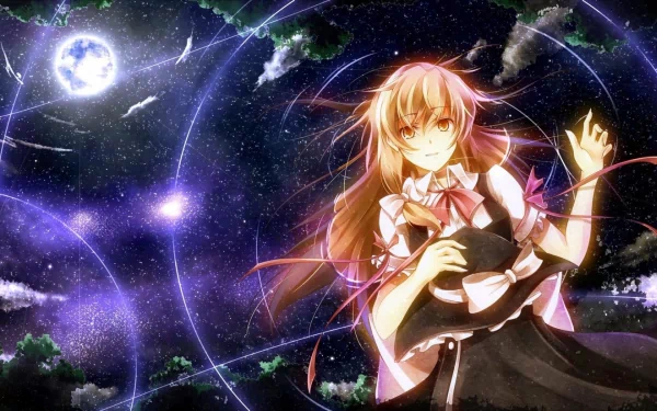 A vibrant HD wallpaper featuring Marisa Kirisame from Touhou, set against a starry sky with swirling galaxies and a glowing moon. Captures the essence of anime fantasy.