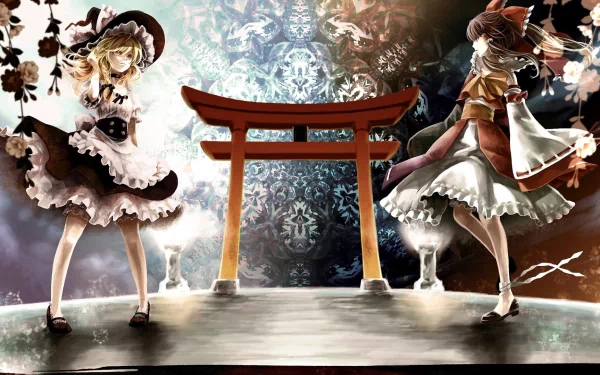 Two anime characters, Reimu Hakurei and Marisa Kirisame, stand on a mystical platform with a traditional Torii gate, set against a vibrant, detailed background.