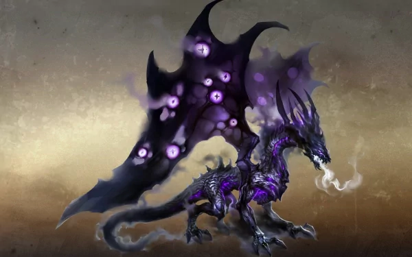 A purple dragon with glowing eyes and smoke emanating from its mouth, set against a muted background, from the video game Might & Magic Heroes VI.