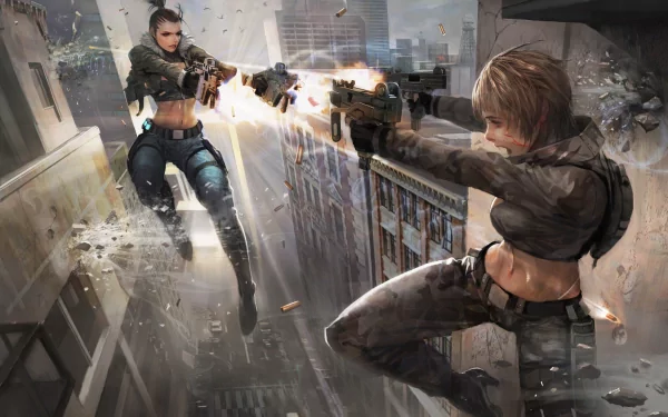 Two women warriors engage in an intense gunfight on a city rooftop, showcasing a dynamic sci-fi scene filled with action and dramatic urban backdrop. HD desktop wallpaper.