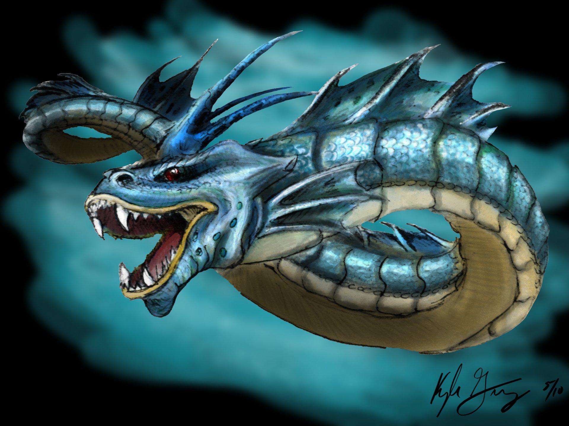 A high-definition fantasy sea monster with sharp teeth and blue scales coils against a dark, misty background, designed as a PC desktop wallpaper.