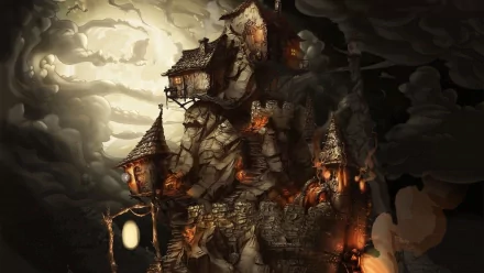 A fantasy cityscape featuring an intricately designed house, inspired by the video game The Whispered World, set against a dramatic, cloudy backdrop. HD desktop wallpaper.