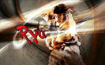HD wallpaper featuring Ryu from Street Fighter in an action pose, surrounded by dynamic swirls, embodying the fierce spirit of the iconic video game alongside Akuma.