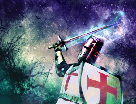 HD fantasy PC wallpaper showing a knight in armor with a cross-emblazoned shield raising a glowing sword against a mystical, starry night sky.