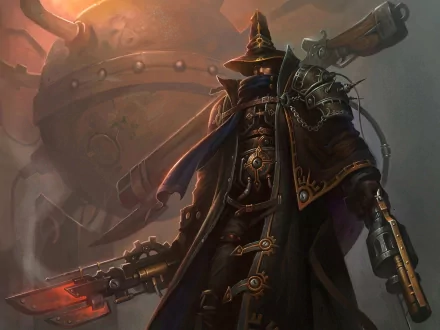 HD desktop wallpaper featuring an armed person in a steampunk outfit against a sci-fi backdrop. The intricate details and dark tones create a mysterious and adventurous atmosphere.