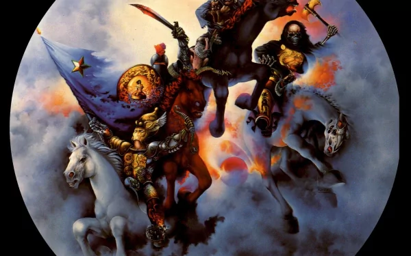 HD desktop wallpaper featuring a dark, dramatic depiction of the Four Horsemen of the Apocalypse, with detailed and vivid imagery set against a cloudy, tumultuous background.