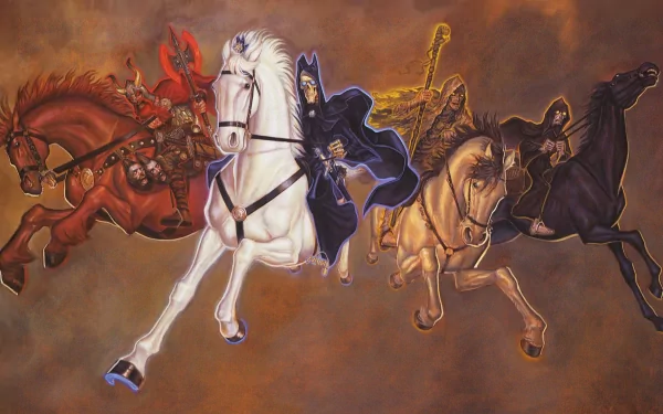 Dark HD wallpaper depicting the Four Horsemen of the Apocalypse, each riding their respective colored horse against a dramatic backdrop.