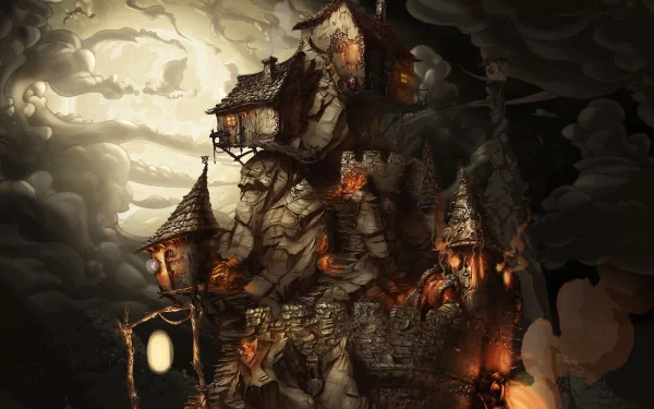 A fantasy cityscape featuring an intricately designed house, inspired by the video game The Whispered World, set against a dramatic, cloudy backdrop. HD desktop wallpaper.