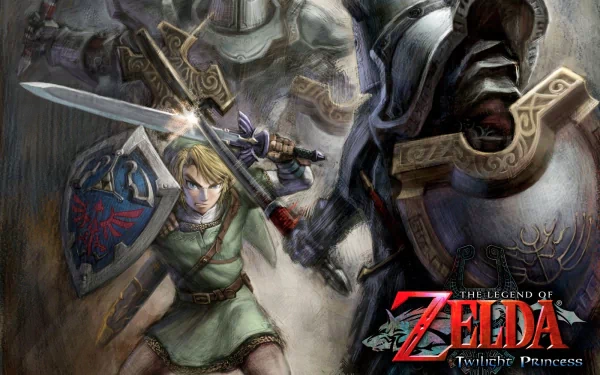 HD wallpaper featuring Link from The Legend of Zelda: Twilight Princess, showcasing him in action with his sword against a menacing armored foe.