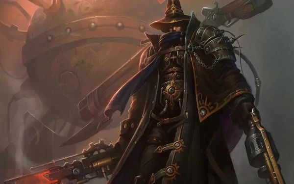 HD desktop wallpaper featuring an armed person in a steampunk outfit against a sci-fi backdrop. The intricate details and dark tones create a mysterious and adventurous atmosphere.