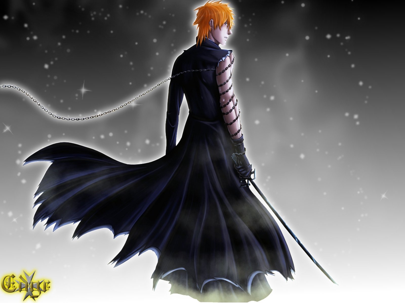 Ichigo Kurosaki from Bleach, standing with sword and billowing coat amid falling snow on a dark background — HD anime PC desktop wallpaper.