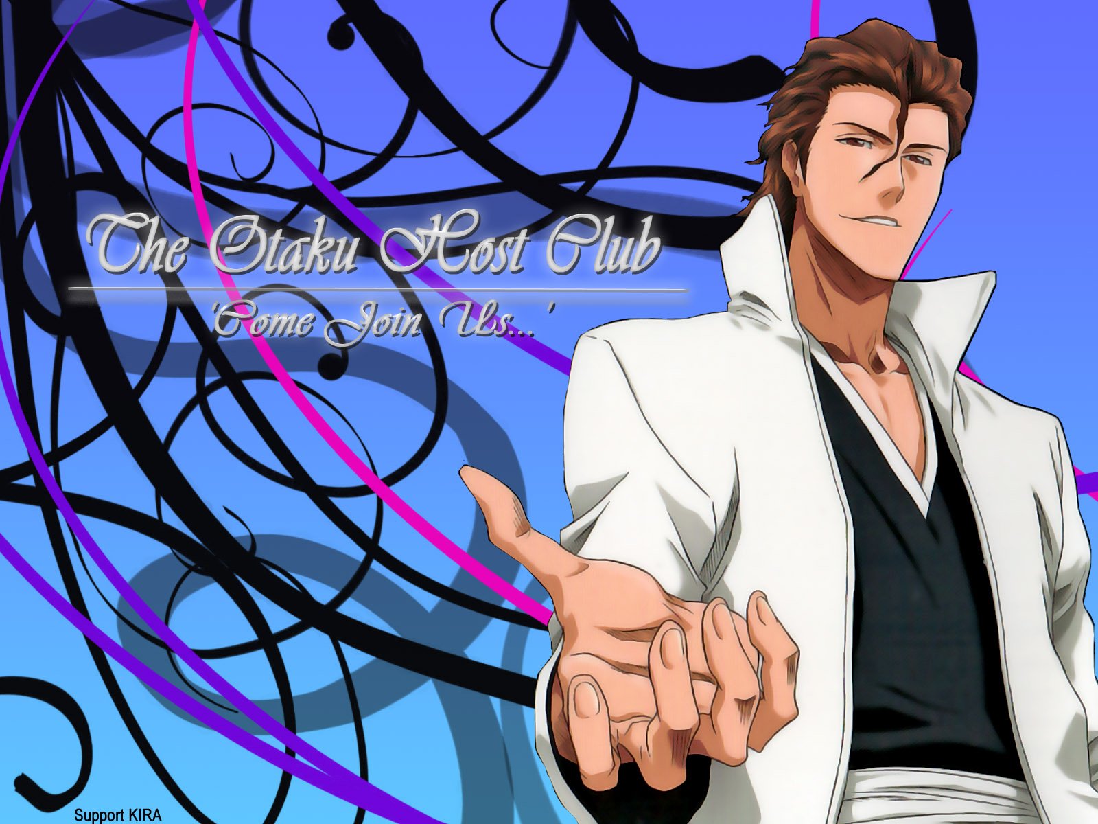 HD PC desktop wallpaper featuring Sōsuke Aizen from the anime Bleach with abstract blue and purple swirls and the text The Otaku Host Club Come Join Us...
