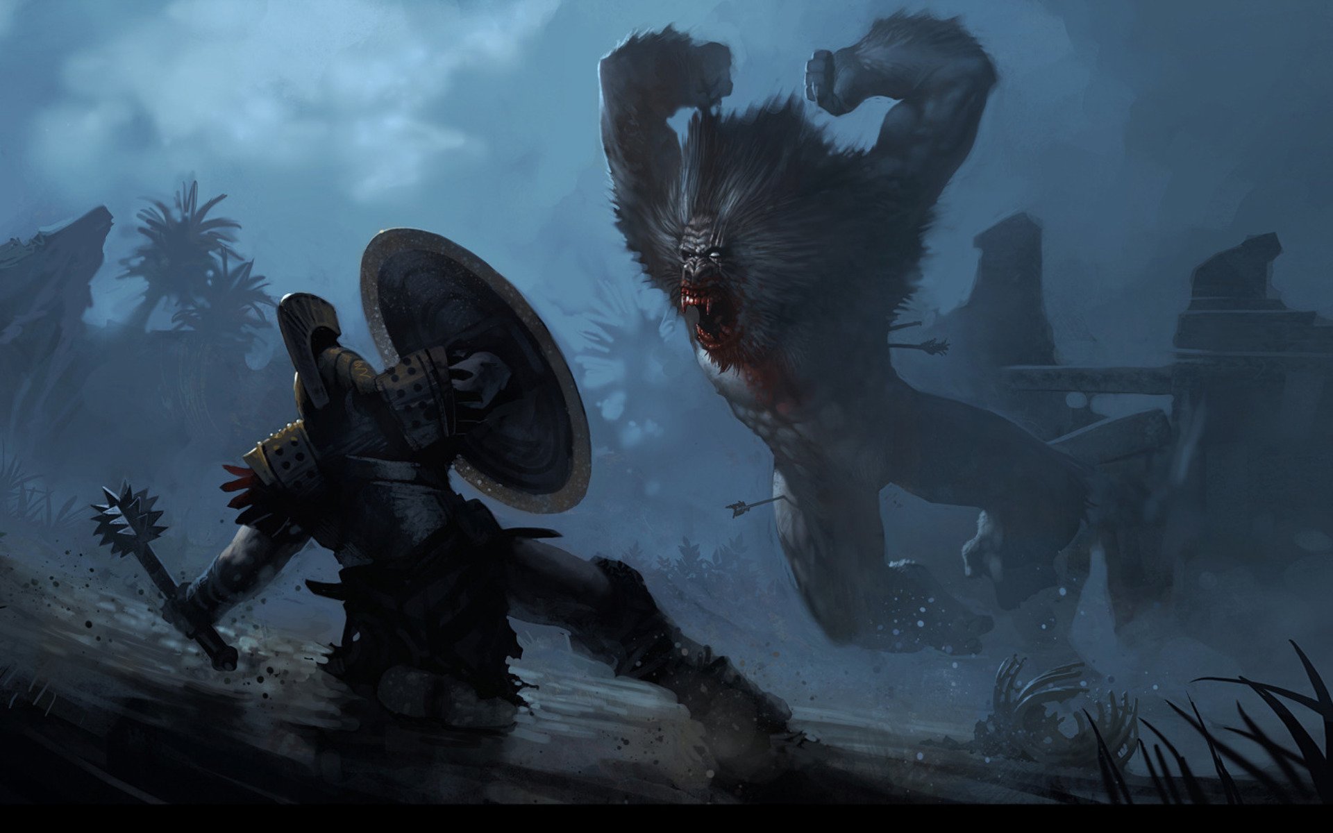 HD desktop wallpaper from the video game Age of Conan showing a warrior with a shield facing a towering, snarling beast in a dark, misty battlefield.