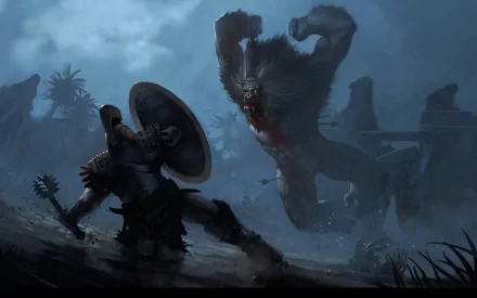 HD desktop wallpaper from the video game Age of Conan showing a warrior with a shield facing a towering, snarling beast in a dark, misty battlefield.