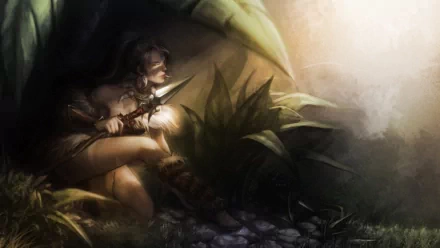HD desktop wallpaper featuring Nidalee from League of Legends in a dark, mystical cave setting, holding a spear with soft light illuminating her figure.