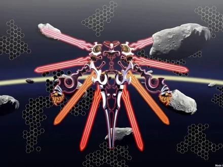 HD PC desktop wallpaper featuring a futuristic mech from the anime .hack//sign, set against a cosmic backdrop with asteroids and hexagonal digital patterns.