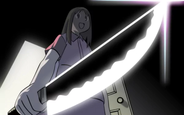 Anime-style HD PC desktop wallpaper featuring a dramatic scene from Azumanga Daioh with a character holding a glowing sword in a dark room.