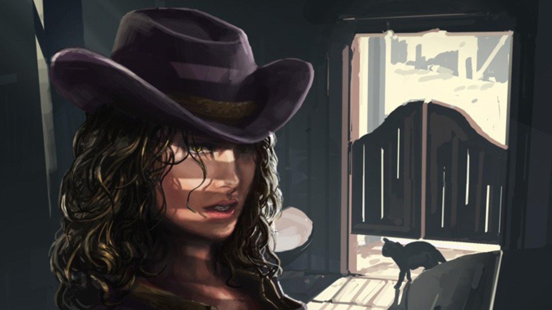 A captivating fantasy themed HD wallpaper featuring a woman in a stylish hat, set against an atmospheric interior with a mysterious cat in the background.