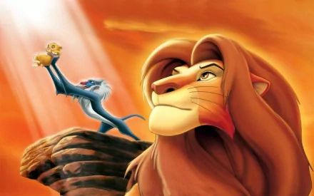 A colorful HD wallpaper featuring Simba and Rafiki from The Lion King (1994), capturing a moment of triumph against a vibrant sunset backdrop.