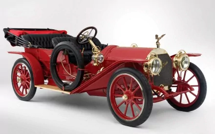 HD desktop wallpaper featuring a classic vintage car, showcasing an old, red vehicle with detailed brass accents and a black leather interior.