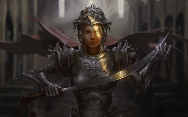 A fierce female warrior stands ready with a sword, clad in intricate armor, set against a mystical backdrop. This striking fantasy image serves as a captivating HD desktop wallpaper.