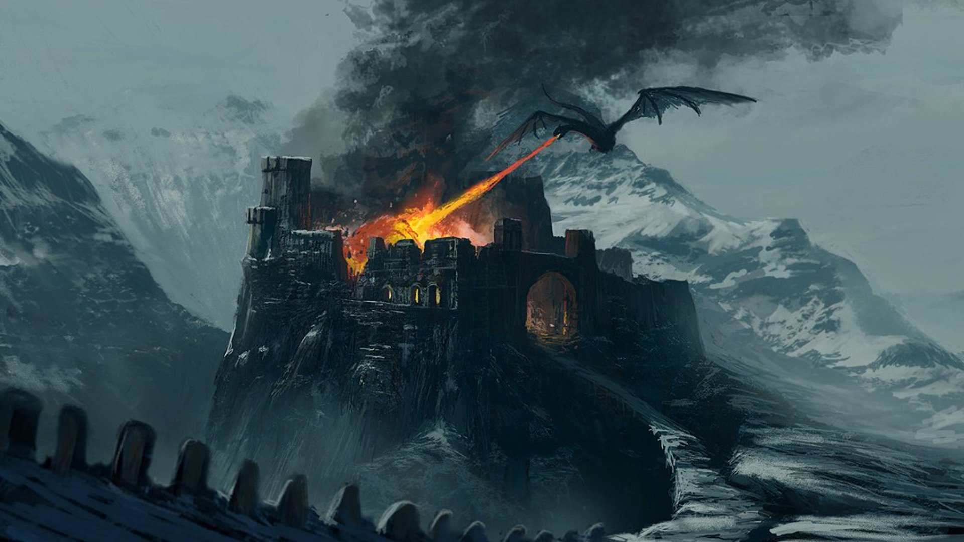 HD fantasy desktop wallpaper depicting a dragon unleashing fire on a dark, fortress-like castle amid a smoky, mountainous landscape, highlighting intense destruction.