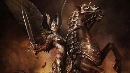 A fierce valkyrie rides a majestic horse, wielding a sword, set against a dramatic fantasy backdrop. This high-definition image serves as an epic desktop wallpaper.