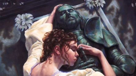 A fantasy-themed HD desktop wallpaper depicting a tender moment of love as a woman embraces a fallen knight in shining armor.