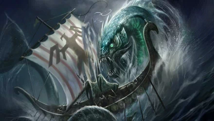 HD fantasy desktop wallpaper depicting a fierce sea monster rising from turbulent waters to attack a Viking-style ship under stormy skies.