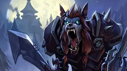 HD desktop wallpaper depicting a fierce, armored werewolf character from the video game World of Warcraft against a moonlit, gothic castle background.