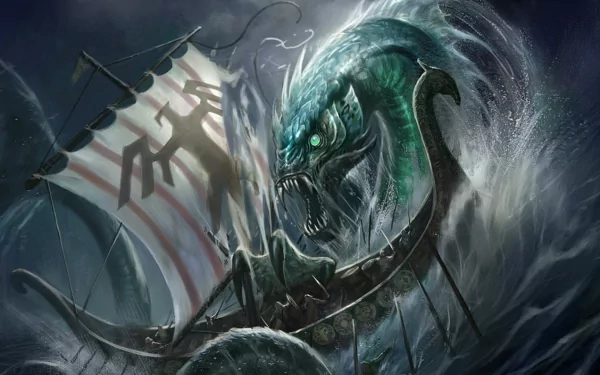 HD fantasy desktop wallpaper depicting a fierce sea monster rising from turbulent waters to attack a Viking-style ship under stormy skies.