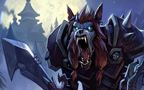 HD desktop wallpaper depicting a fierce, armored werewolf character from the video game World of Warcraft against a moonlit, gothic castle background.