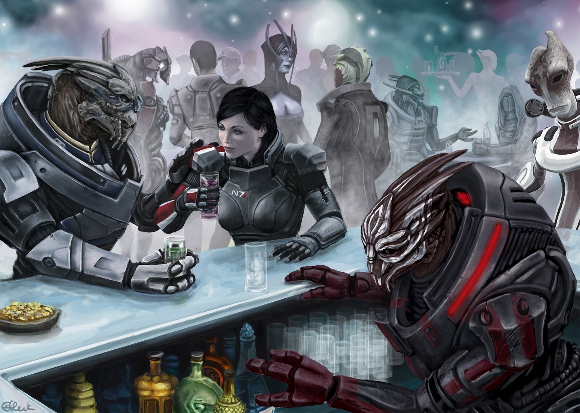 HD PC desktop wallpaper featuring characters from the Mass Effect video game series gathered around a bar in a sci-fi setting.
