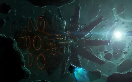 A stunning HD wallpaper featuring a futuristic spaceship navigating through an asteroid field, illuminated by a bright light in a deep space setting.