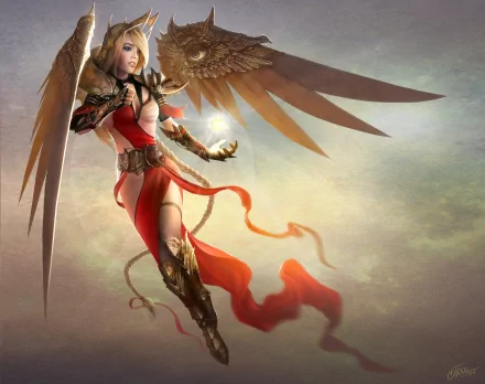 A stunning HD fantasy wallpaper featuring an angelic figure with golden wings, adorned in a striking red outfit, holding a glowing orb against a mystical background.