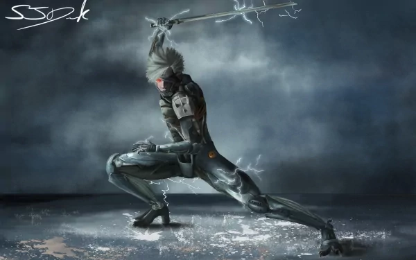 4K Ultra HD Metal Gear video game wallpaper featuring a dynamic character pose with a glowing weapon against a moody, stormy background.