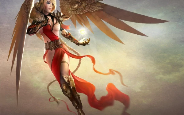 A stunning HD fantasy wallpaper featuring an angelic figure with golden wings, adorned in a striking red outfit, holding a glowing orb against a mystical background.