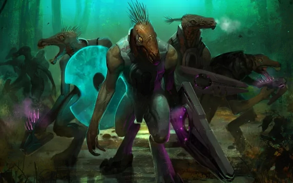 A fierce alien creature leads a group of warriors in a lush, mysterious setting, showcasing the intense atmosphere of war in the Halo video game universe, particularly from Halo Wars.