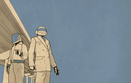 HD wallpaper and background featuring an illustration of Daft Punk in futuristic suits and helmets against a minimalistic blue backdrop. Tags include music and Daft Punk.