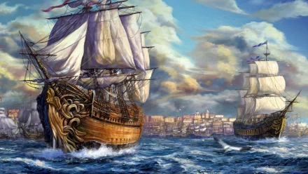 HD desktop wallpaper featuring detailed sailing ships navigating choppy seas under a dramatic cloudy sky near a coastal city.