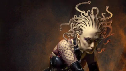 HD fantasy artwork of Medusa with serpentine hair and intense gaze, designed as a striking PC desktop wallpaper background.