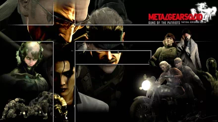 HD PC desktop wallpaper for the video game Metal Gear Solid 4: Guns of the Patriots, featuring Snake and other characters in a dark, dramatic collage.