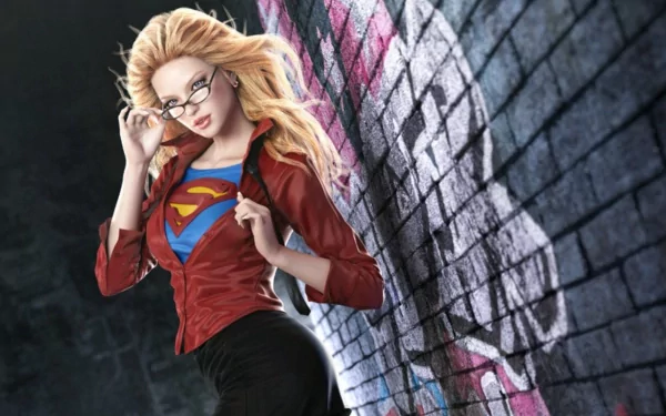 Kara Danvers adjusts her glasses against a colorful graffiti backdrop, embodying Supergirl's iconic style in this vibrant HD desktop wallpaper from DC Comics.