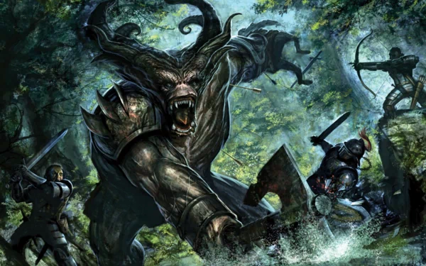 HD PC desktop wallpaper from the video game Dragon Age: Origins, depicting an intense battle between armored warriors and a towering, horned beast in a dark forest.