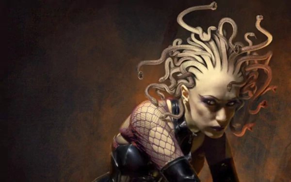 HD fantasy artwork of Medusa with serpentine hair and intense gaze, designed as a striking PC desktop wallpaper background.