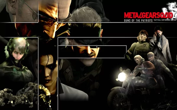 HD PC desktop wallpaper for the video game Metal Gear Solid 4: Guns of the Patriots, featuring Snake and other characters in a dark, dramatic collage.