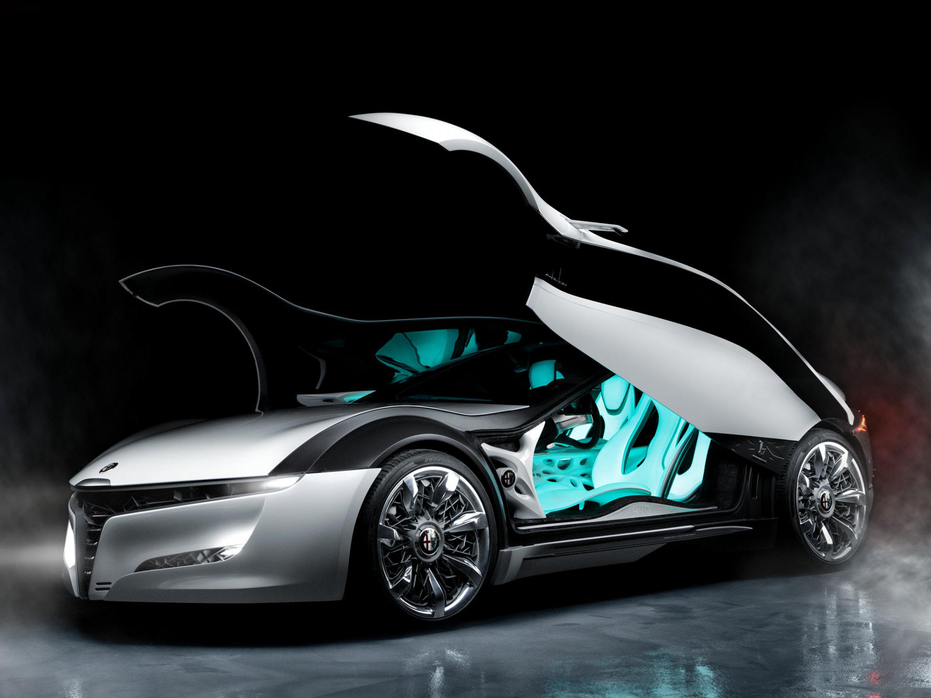 HD PC desktop wallpaper and background of an Alfa Romeo Pandion vehicle with gullwing doors open, revealing a turquoise interior against a dramatic dark backdrop.